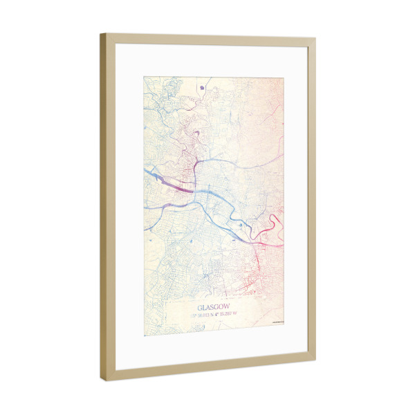 Poster mit Rahmen Gold "Glasgow Schottland Map Rose And Serenity I" artboxONE - Städte,Reise,Kartografie - Städte,Stadtkarte,Wasserfarbe,Rosequartz