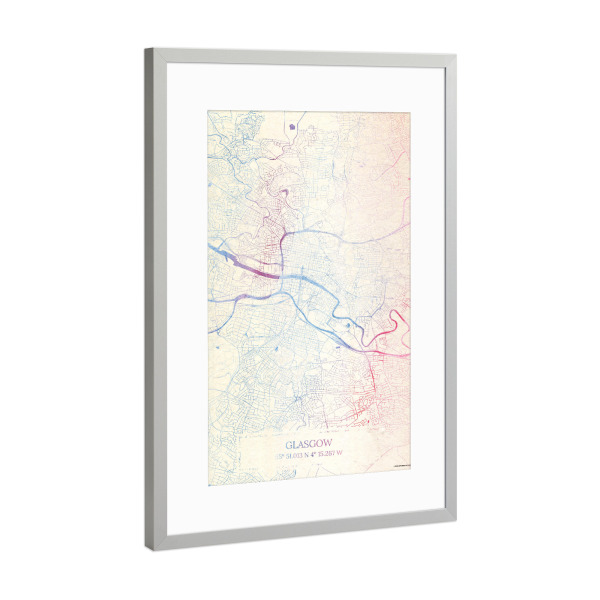 Poster mit Rahmen Silber "Glasgow Schottland Map Rose And Serenity I" artboxONE - Städte,Reise,Kartografie - Städte,Stadtkarte,Wasserfarbe,Rosequartz