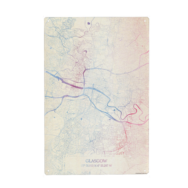 Holzbild "Glasgow Schottland Map Rose And Serenity I" artboxONE - Städte,Reise,Kartografie - Städte,Stadtkarte,Wasserfarbe,Rosequartz