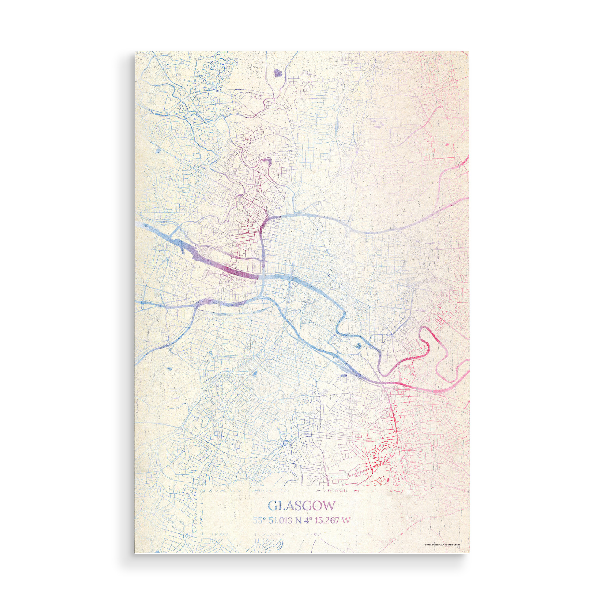 Holzbild "Glasgow Schottland Map Rose And Serenity I" artboxONE - Städte,Reise,Kartografie - Städte,Stadtkarte,Wasserfarbe,Rosequartz