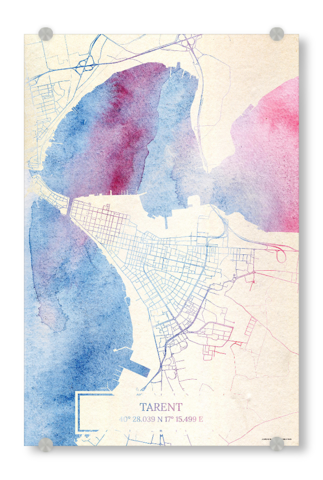 Acrylglasbild "Tarent Italien Map Rose And Serenity II" artboxONE - Städte,Reise,Kartografie - Städte,Stadtkarte,Wasserfarbe,Rosequartz