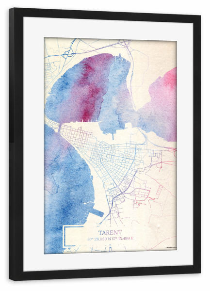 Poster mit Rahmen schwarz "Tarent Italien Map Rose And Serenity II" artboxONE - Städte,Reise,Kartografie - Städte,Stadtkarte,Wasserfarbe,Rosequartz
