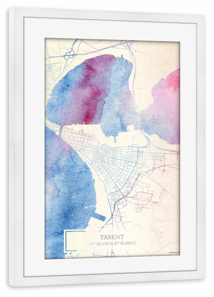 Poster mit Rahmen weiß "Tarent Italien Map Rose And Serenity II" artboxONE - Städte,Reise,Kartografie - Städte,Stadtkarte,Wasserfarbe,Rosequartz