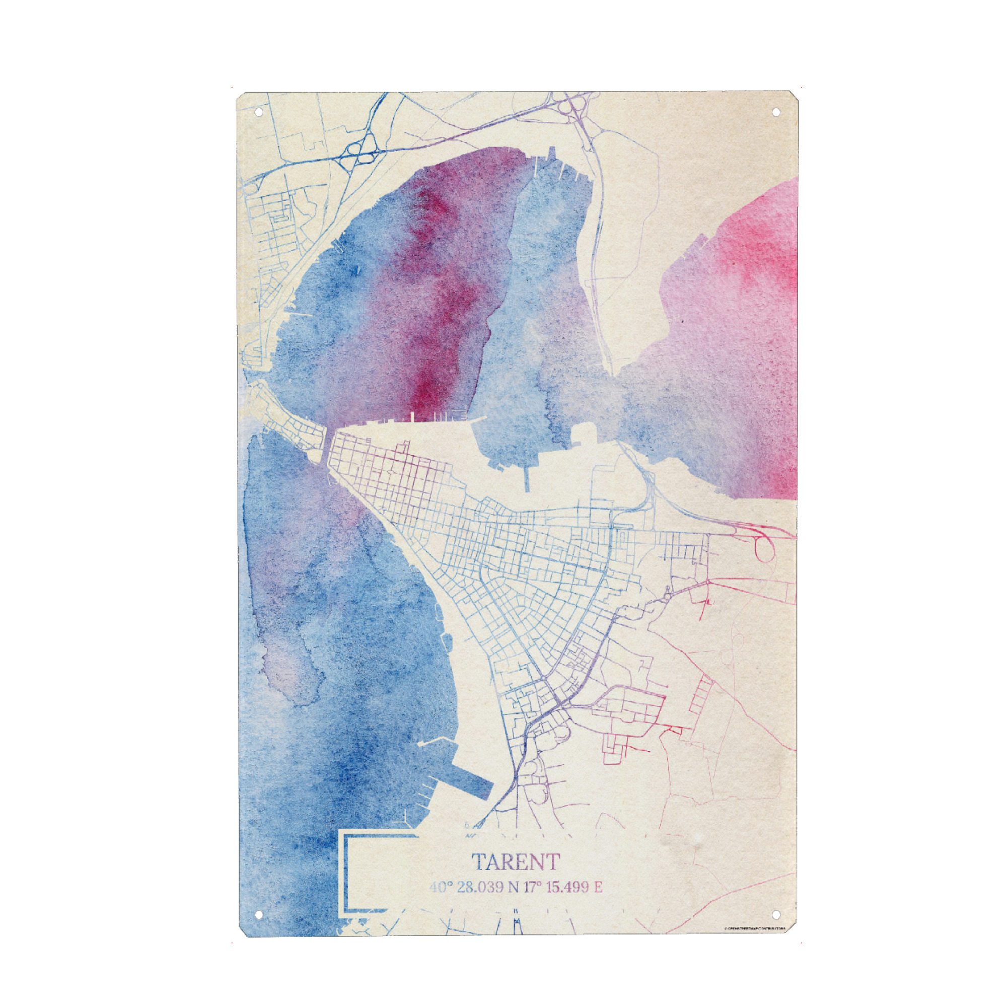 Holzbild "Tarent Italien Map Rose And Serenity II" artboxONE - Städte,Reise,Kartografie - Städte,Stadtkarte,Wasserfarbe,Rosequartz