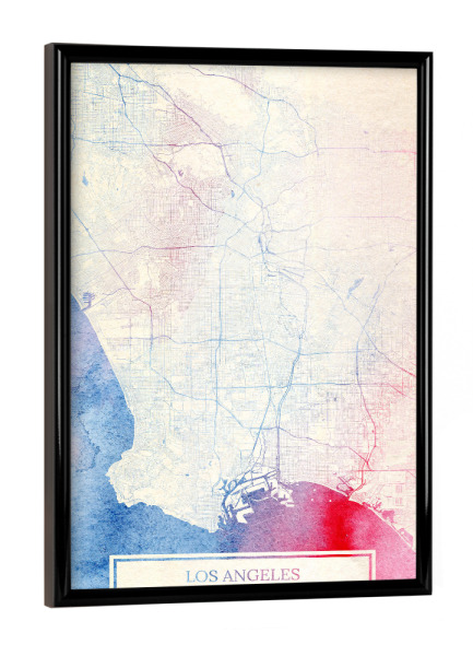 Poster mit schwarzem Rahmen "Los-Angeles USA Map Rose And Serenity I" artboxONE - Städte,Reise,Kartografie - Städte,Stadtkarte,Wasserfarbe,Rosequartz