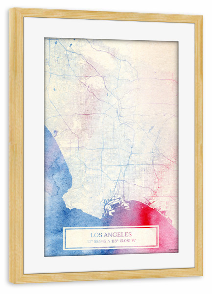 Poster mit Rahmen kiefer "Los-Angeles USA Map Rose And Serenity I" artboxONE - Städte,Reise,Kartografie - Städte,Stadtkarte,Wasserfarbe,Rosequartz