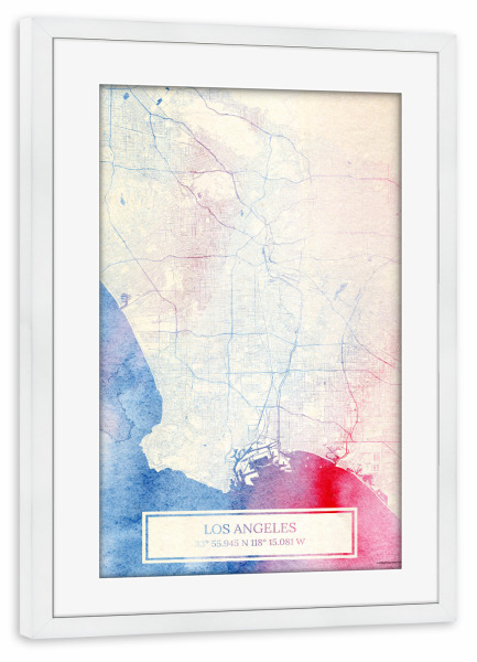 Poster mit Rahmen weiß "Los-Angeles USA Map Rose And Serenity I" artboxONE - Städte,Reise,Kartografie - Städte,Stadtkarte,Wasserfarbe,Rosequartz