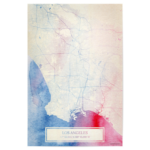 Poster "Los-Angeles USA Map Rose And Serenity I" artboxONE - Städte,Reise,Kartografie - Städte,Stadtkarte,Wasserfarbe,Rosequartz