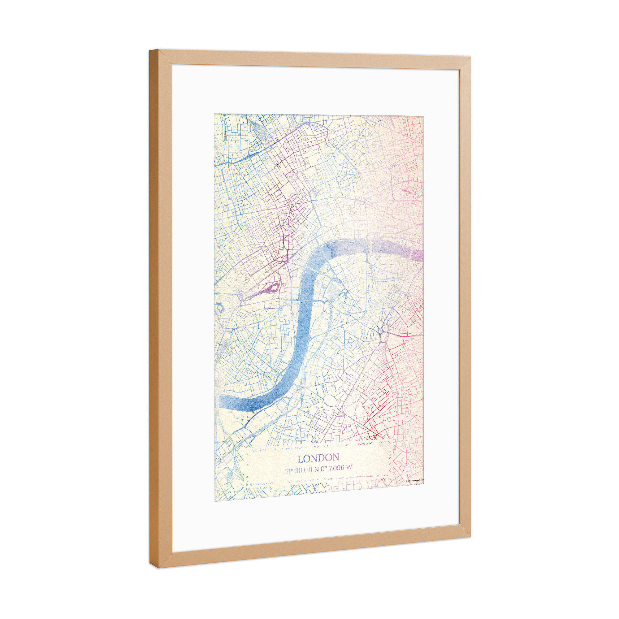 Poster mit Rahmen Kupfer "London GB Map Rose And Serenity II" artboxONE - Städte,Reise,Kartografie - Städte,Stadtkarte,Wasserfarbe,Rosequartz
