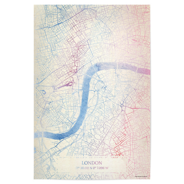 Poster "London GB Map Rose And Serenity II" artboxONE - Städte,Reise,Kartografie - Städte,Stadtkarte,Wasserfarbe,Rosequartz