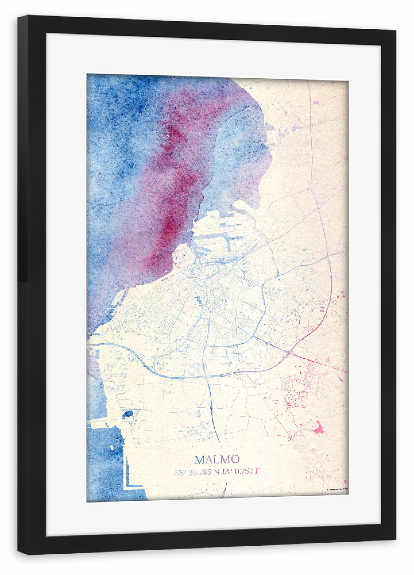 Poster mit Rahmen schwarz "Malmö Schweden Map Rose And Serenity I" artboxONE - Städte,Reise,Kartografie - Städte,Stadtkarte,Wasserfarbe,Rosequartz