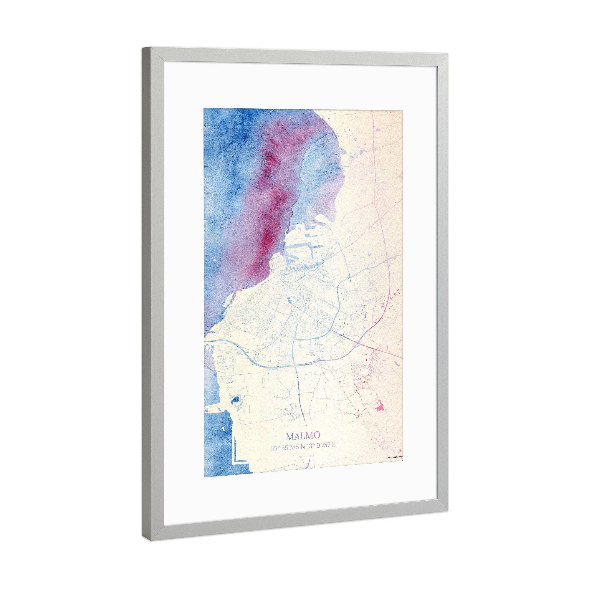 Poster mit Rahmen Silber "Malmö Schweden Map Rose And Serenity I" artboxONE - Städte,Reise,Kartografie - Städte,Stadtkarte,Wasserfarbe,Rosequartz