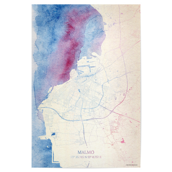 Poster 30x20 cm "Malmö Schweden Map Rose And Serenity I" artboxONE - Städte,Reise,Kartografie - Städte,Stadtkarte,Wasserfarbe,Rosequartz