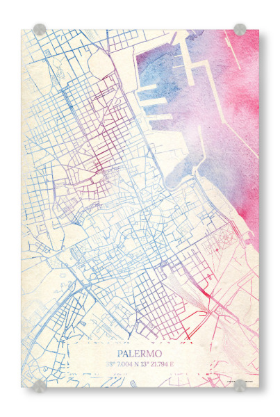 Acrylglasbild "Palermo Italien Map Rose And Serenity II" artboxONE - Städte,Reise,Kartografie - Städte,Stadtkarte,Wasserfarbe,Rosequartz
