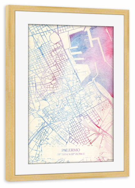 Poster mit Rahmen kiefer "Palermo Italien Map Rose And Serenity II" artboxONE - Städte,Reise,Kartografie - Städte,Stadtkarte,Wasserfarbe,Rosequartz