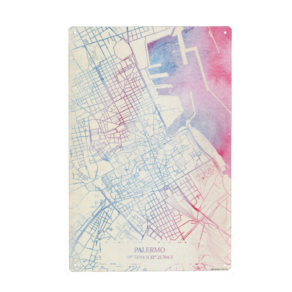 Metall Poster "Palermo Italien Map Rose And Serenity II" artboxONE - Städte,Reise,Kartografie - Städte,Stadtkarte,Wasserfarbe,Rosequartz