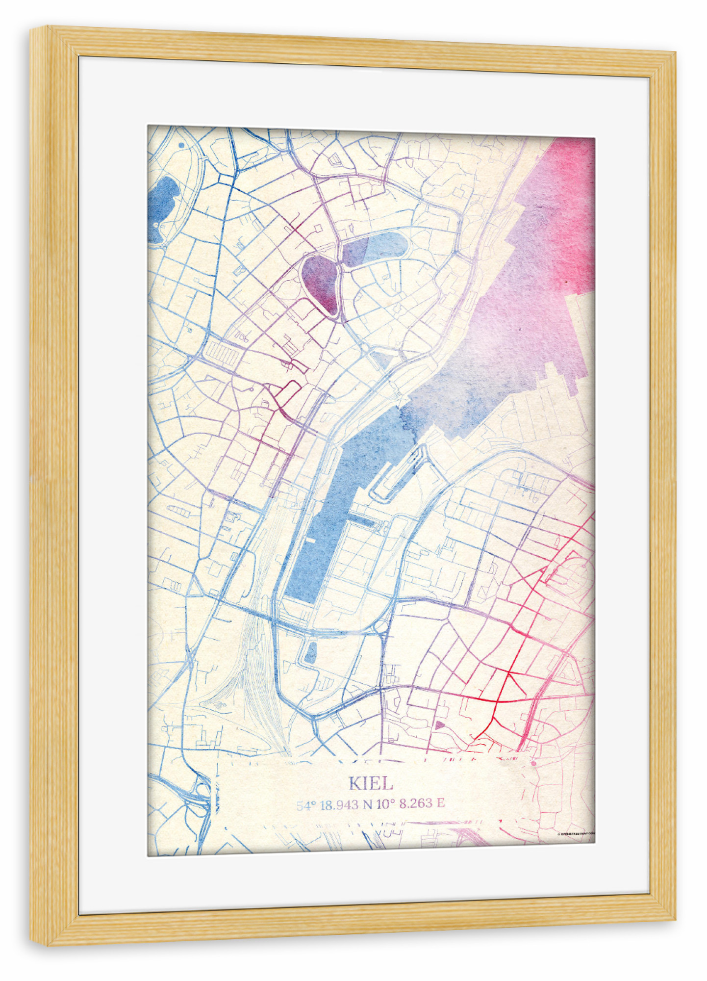 Poster mit Rahmen kiefer "Kiel Deutschland Map Rose And Serenity I" artboxONE - Städte,Reise,Kartografie - Städting,Stadtkarte,Wasserfarbe,Rosequartz