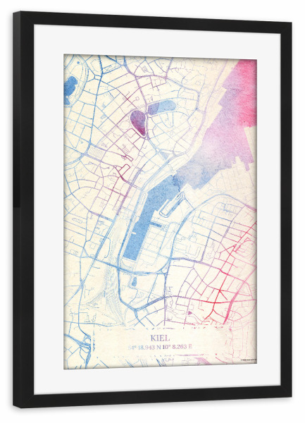 Poster mit Rahmen schwarz "Kiel Deutschland Map Rose And Serenity I" artboxONE - Städte,Reise,Kartografie - Städting,Stadtkarte,Wasserfarbe,Rosequartz