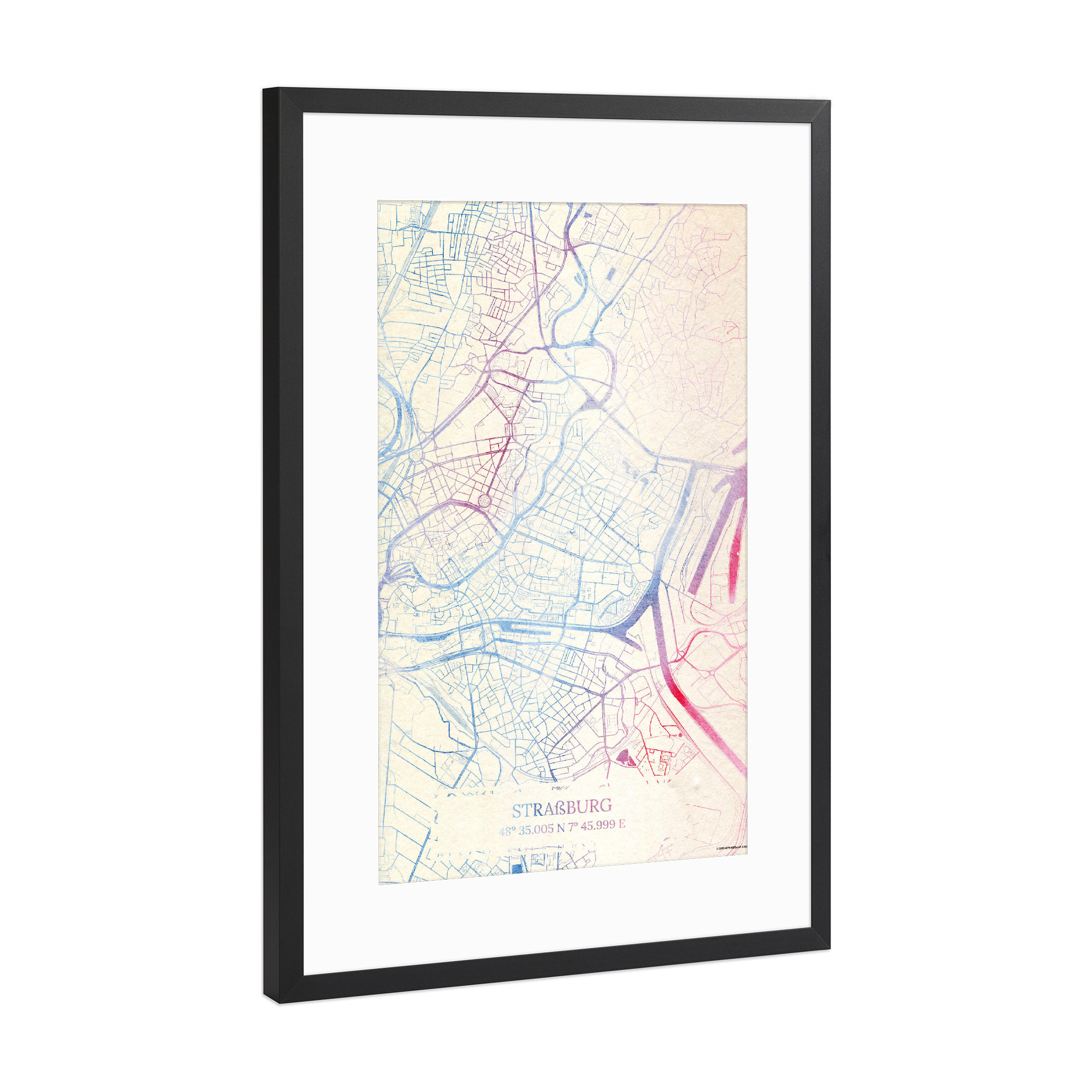 Poster mit Rahmen Schwarz (Metallic) "Straßburg Frankreich Map Rose And Serenity II" artboxONE - Städte,Reise,Kartografie