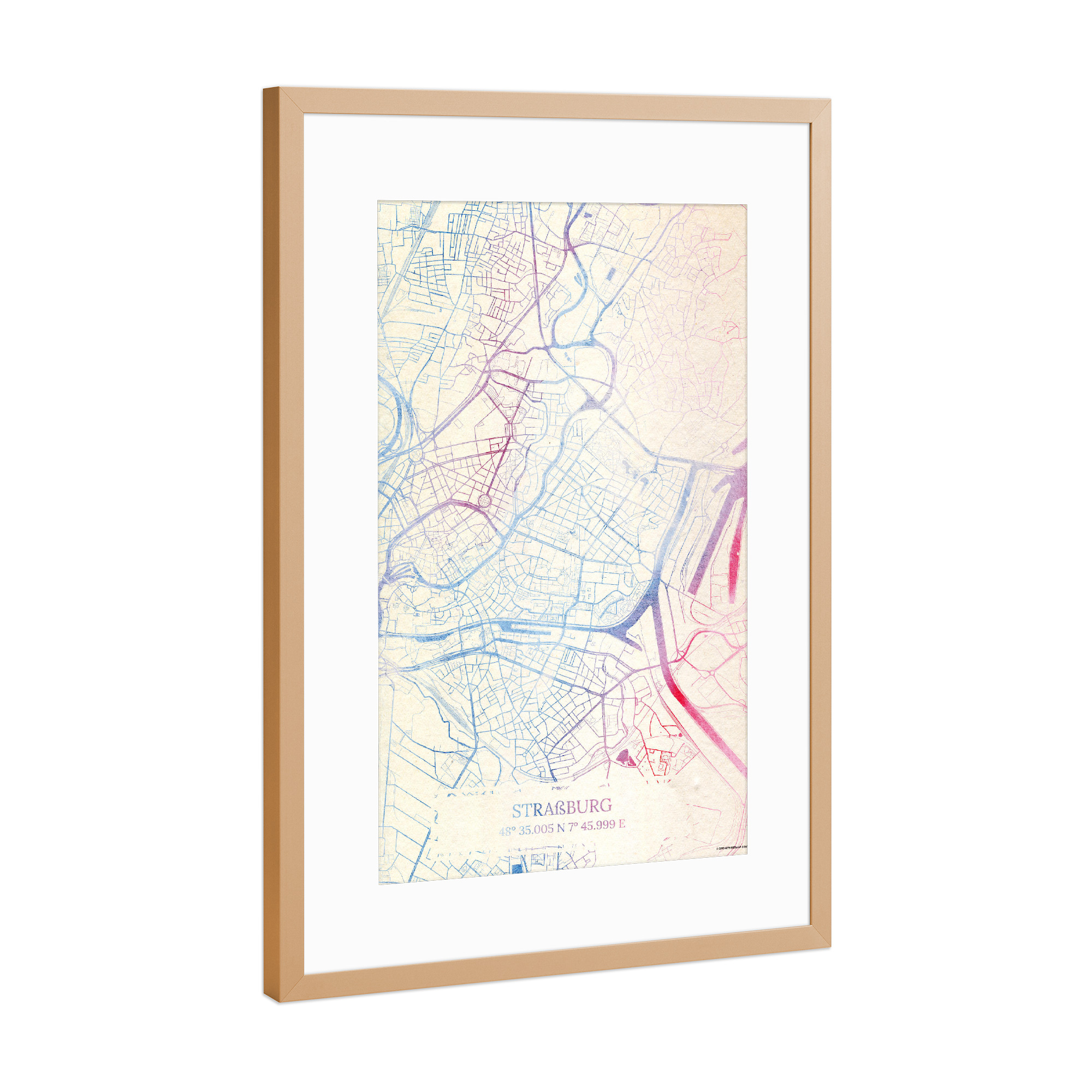 Poster mit Rahmen Kupfer "Straßburg Frankreich Map Rose And Serenity II" artboxONE - Städte,Reise,Kartografie