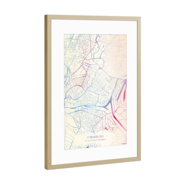 Poster mit Rahmen Gold "Straßburg Frankreich Map Rose And Serenity II" artboxONE - Städte,Reise,Kartografie - Städte,Stadtkarte,Wasserfarbe,Rosequartz