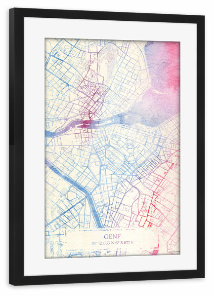 Poster mit Rahmen schwarz "Genf Schweiz Map Rose And Serenity I" artboxONE - Städte,Reise,Kartografie - Städte,Stadtkarte,Wasserfarbe,Rosequartz