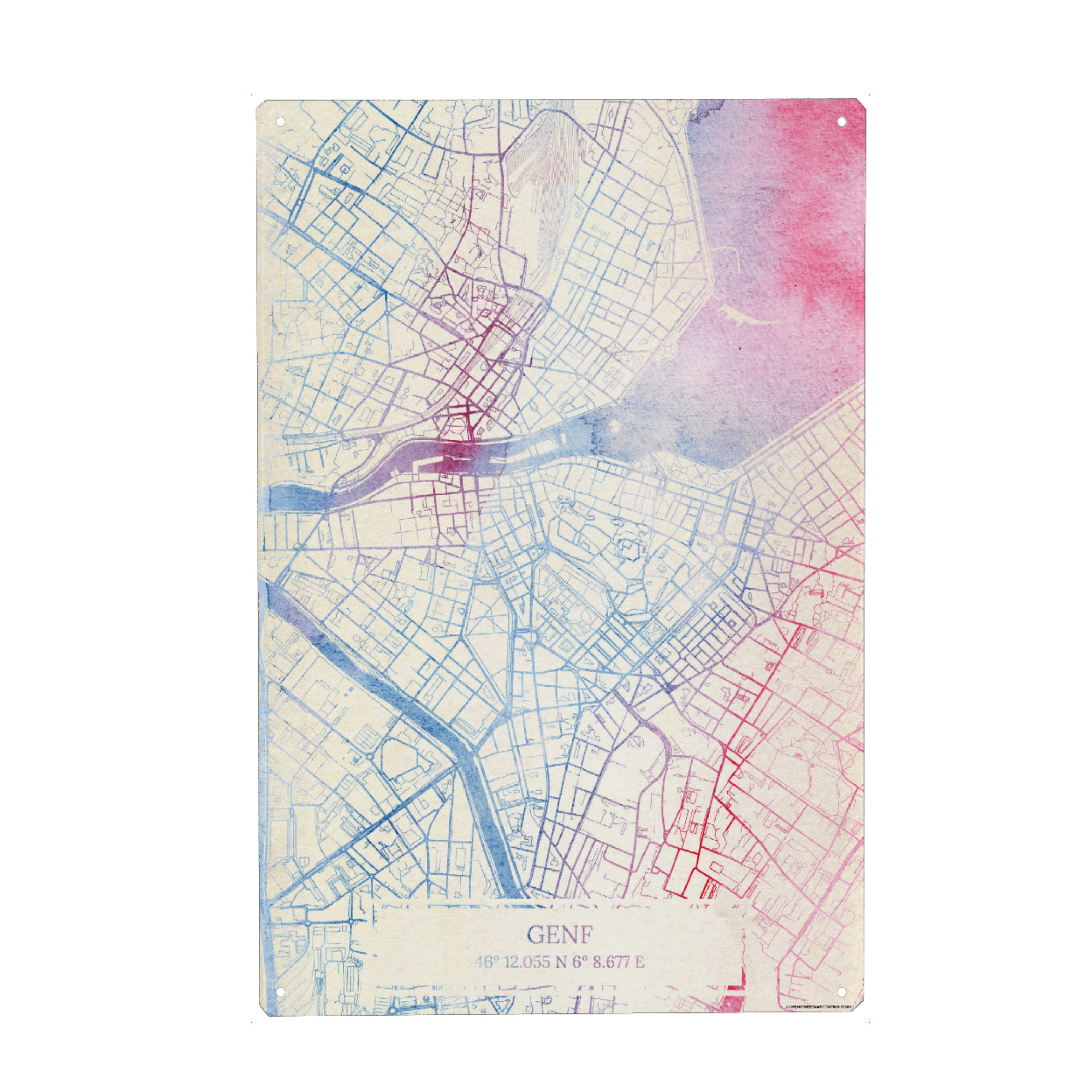 Metall Poster "Genf Schweiz Map Rose And Serenity I" artboxONE - Städte,Reise,Kartografie - Städte,Stadtkarte,Wasserfarbe,Rosequartz - Blechschild
