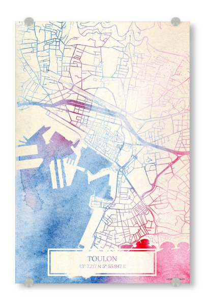 Acrylglasbild "Toulon Frankreich Map Rose And Serenity II" artboxONE - Städte,Reise,Kartografie - Städte,Stadtkarte,Wasserfarbe,Rosequartz