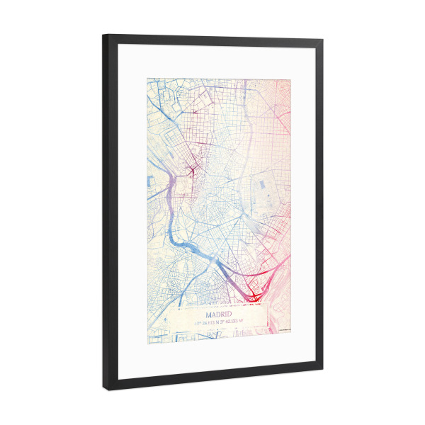 Poster mit Rahmen Schwarz (Metallic) "Madrid Spanien Map Rose And Serenity II" artboxONE - Städte,Reise,Kartografie