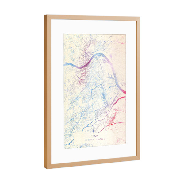 Poster mit Rahmen Kupfer "Linz Österreich Map Rose And Serenity II" artboxONE - Städte,Reise,Kartografie - Städting,Stadtkarte,Wasserfarbe,Rosequartz