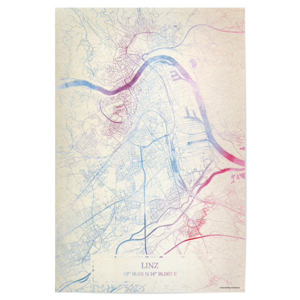 Poster "Linz Österreich Map Rose And Serenity II" artboxONE - Städte,Reise,Kartografie - Städting,Stadtkarte,Wasserfarbe,Rosequartz