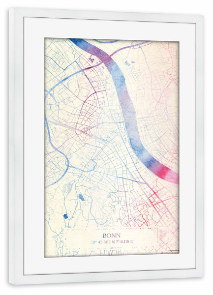 Poster mit Rahmen weiß "Bonn Deutschland Map Rose And Serenity I" artboxONE - Städte,Reise,Kartografie - Städting,Stadtkarte,Wasserfarbe,Rosequartz