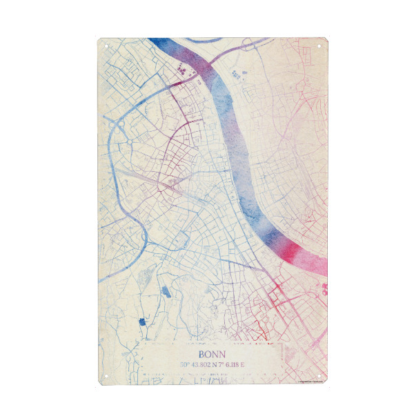 Metall Poster "Bonn Deutschland Map Rose And Serenity I" artboxONE - Städte,Reise,Kartografie - Städting,Stadtkarte,Wasserfarbe,Rosequartz