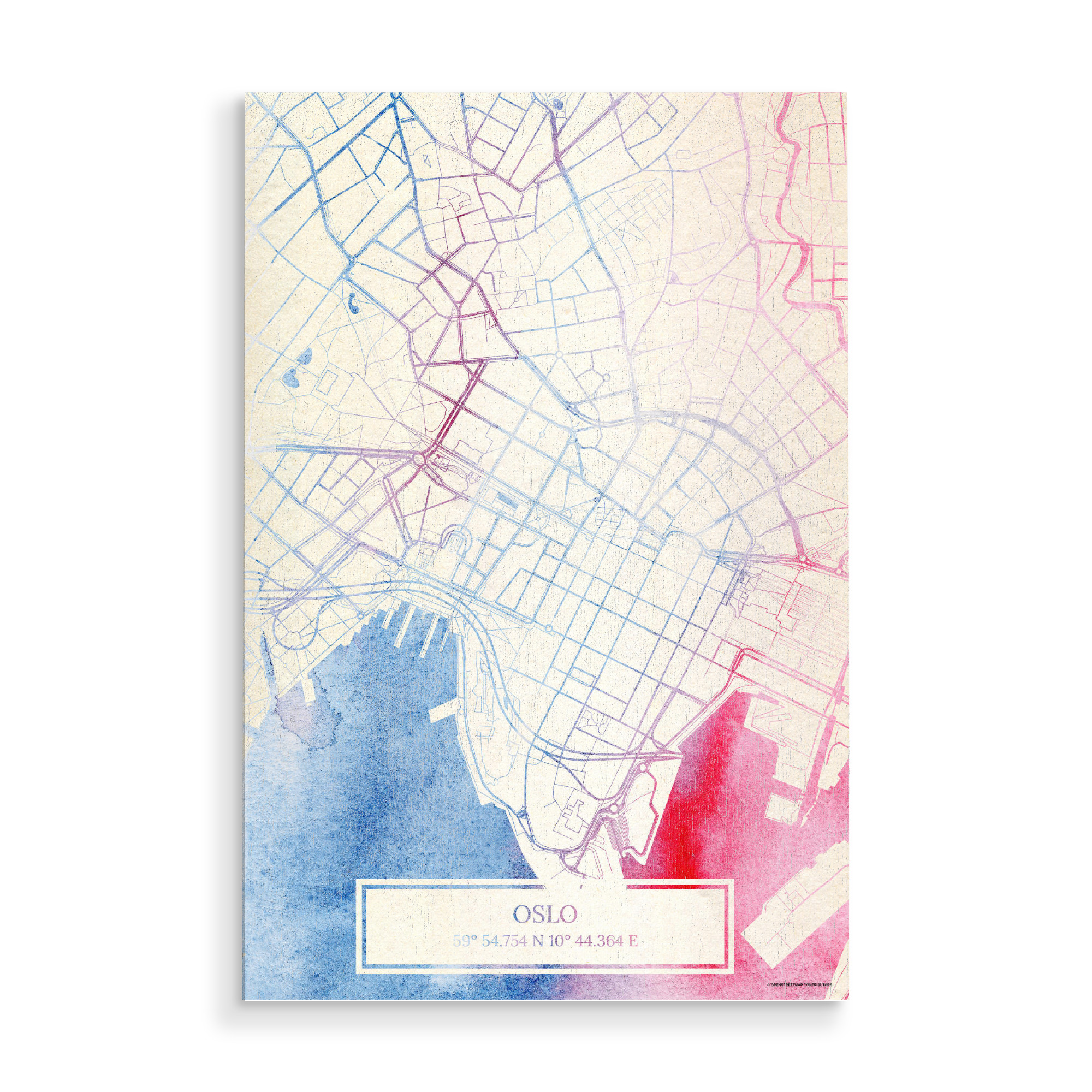 Holzbild "Oslo Norwegen Map Rose And Serenity II" artboxONE - Städte,Reise,Kartografie - Städte,Stadtkarte,Wasserfarbe,Rosequartz
