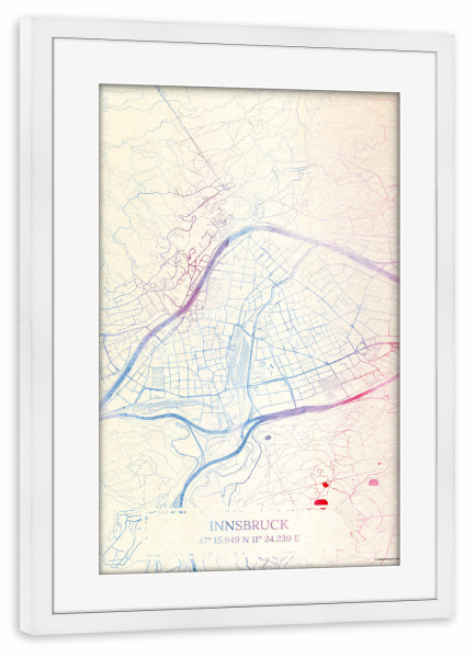 Poster mit Rahmen weiß "Innsbruck Österreich Map Rose And Serenity I" artboxONE - Städte,Reise,Kartografie - Städte,Stadtkarte,Wasserfarbe,Rosequartz