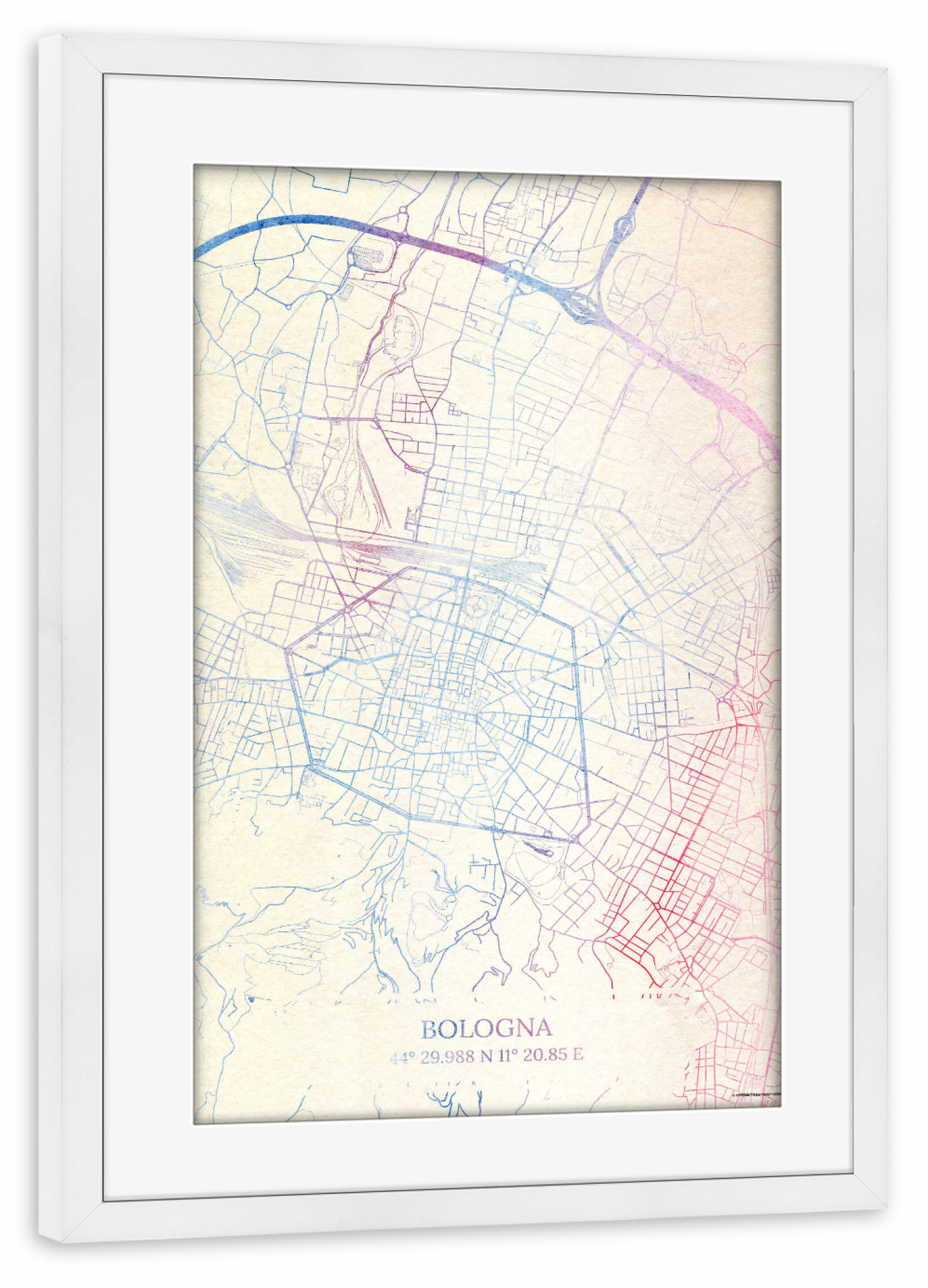 Poster mit Rahmen weiß "Bologna Italien Map Rose And Serenity I" artboxONE - Städte,Reise,Kartografie - Städte,Stadtkarte,Wasserfarbe,Rosequartz