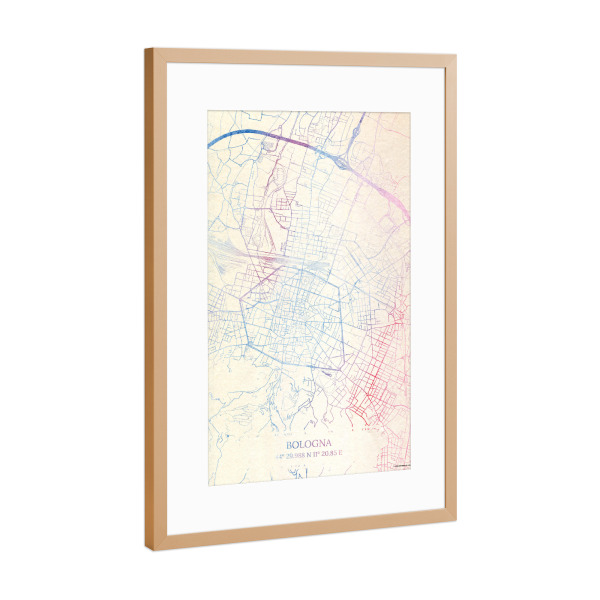 Poster mit Rahmen Kupfer "Bologna Italien Map Rose And Serenity I" artboxONE - Städte,Reise,Kartografie - Städte,Stadtkarte,Wasserfarbe,Rosequartz