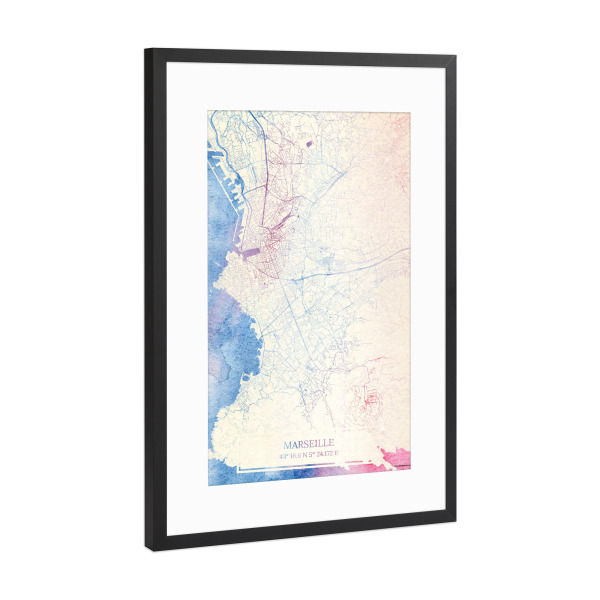 Poster mit Rahmen Schwarz (Metallic) "Marseille Frankreich Map Rose And Serenity I" artboxONE - Städte,Reise,Kartografie