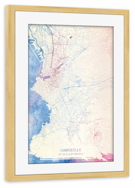 Poster mit Rahmen kiefer "Marseille Frankreich Map Rose And Serenity I" artboxONE - Städte,Reise,Kartografie