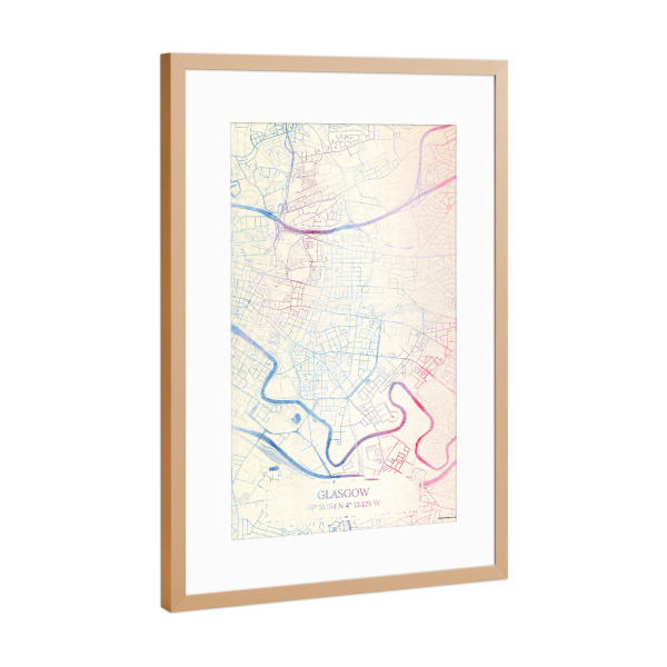 Poster mit Rahmen Kupfer "Glasgow Schottland Map Rose And Serenity II" artboxONE - Städte,Reise,Kartografie - Städte,Stadtkarte,Wasserfarbe,Rosequartz