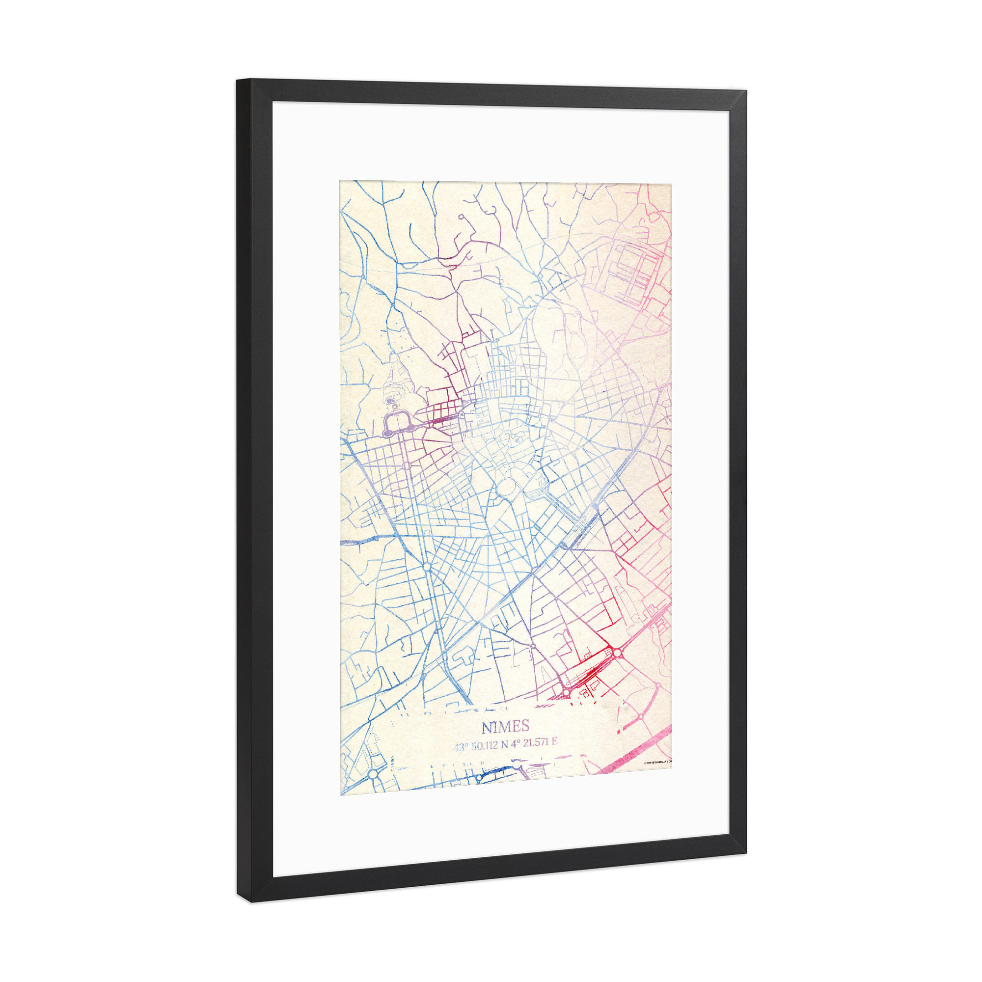 Poster mit Rahmen Schwarz (Metallic) "Nîmes Frankreich Map Rose And Serenity II" artboxONE - Städte,Reise,Kartografie