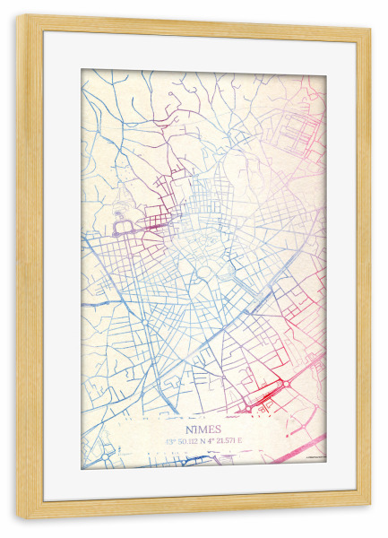 Poster mit Rahmen kiefer "Nîmes Frankreich Map Rose And Serenity II" artboxONE - Städte,Reise,Kartografie - Städte,Stadtkarte,Wasserfarbe,Rosequartz