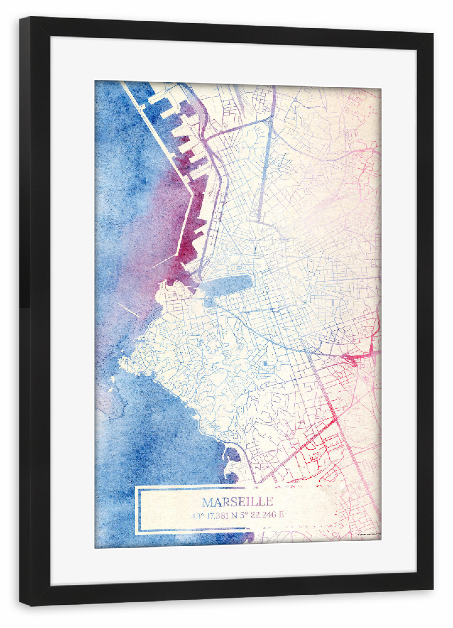 Poster mit Rahmen schwarz "Marseille Frankreich Map Rose And Serenity II" artboxONE - Städte,Reise,Kartografie