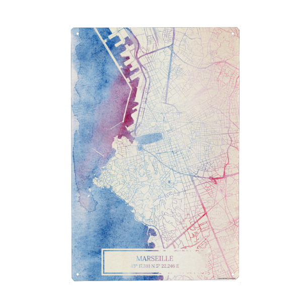 Holzbild "Marseille Frankreich Map Rose And Serenity II" artboxONE - Städte,Reise,Kartografie - Städte,Stadtkarte,Wasserfarbe,Rosequartz
