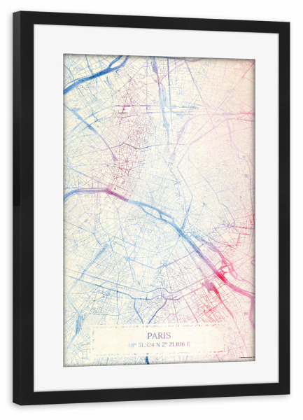 Poster mit Rahmen schwarz "Paris Frankreich Map Rose And Serenity I" artboxONE - Städte,Reise,Kartografie - Städte,Stadtkarte,Wasserfarbe,Rosequartz