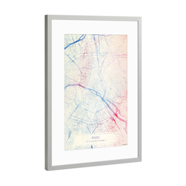 Poster mit Rahmen Silber "Paris Frankreich Map Rose And Serenity I" artboxONE - Städte,Reise,Kartografie - Städte,Stadtkarte,Wasserfarbe,Rosequartz