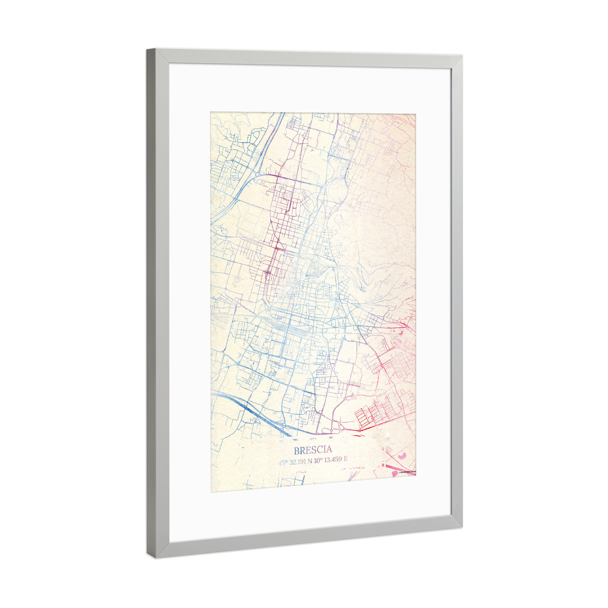 Poster mit Rahmen Silber "Brescia Italien Map Rose And Serenity I" artboxONE - Städte,Reise,Kartografie - Städte,Stadtkarte,Wasserfarbe,Rosequartz