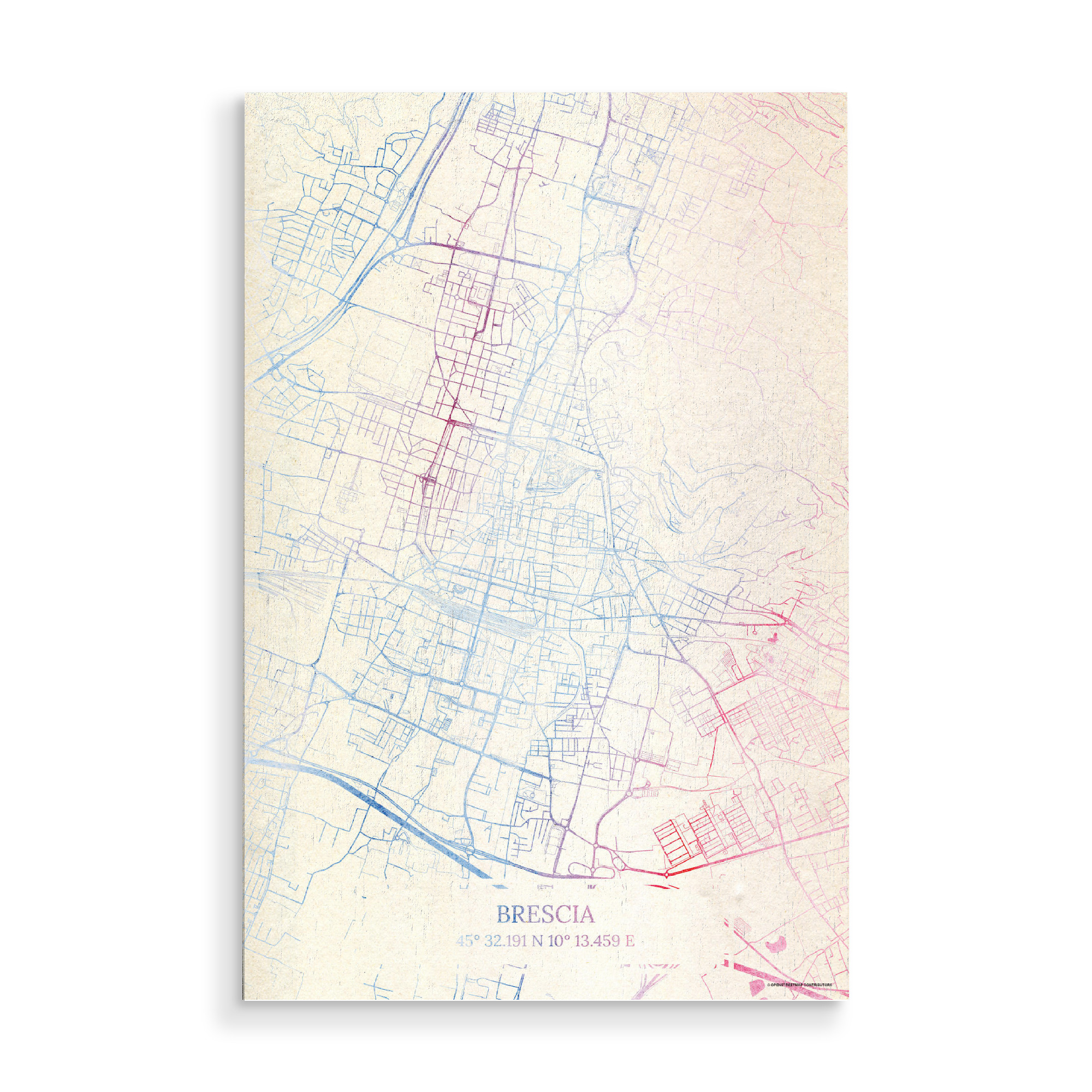 Holzbild "Brescia Italien Map Rose And Serenity I" artboxONE - Städte,Reise,Kartografie - Städte,Stadtkarte,Wasserfarbe,Rosequartz
