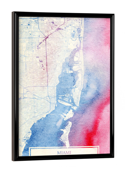 Poster mit schwarzem Rahmen "Miami USA Map Rose And Serenity I" artboxONE - Städte,Reise,Kartografie - Städte,Stadtkarte,Wasserfarbe,Rosequartz