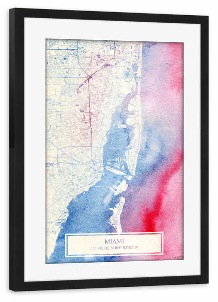 Poster mit Rahmen schwarz "Miami USA Map Rose And Serenity I" artboxONE - Städte,Reise,Kartografie - Städte,Stadtkarte,Wasserfarbe,Rosequartz